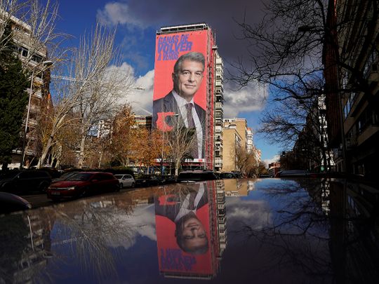 Barcelona candidate Laporta goads Real Madrid with cheeky giant poster