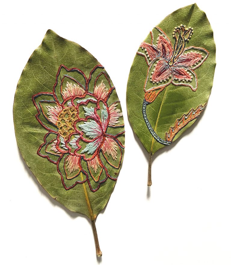 Vibrant Botanic Embroideries Embellish the Dried Leaf Sculptures of Hillary Waters Fayle