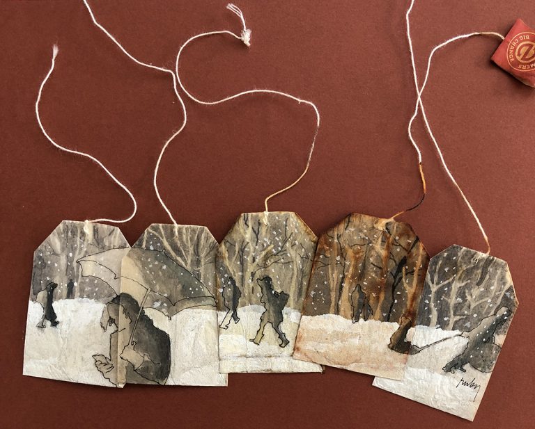 Minuscule Scenes Appear Against the Backdrop of Used Tea Bags in Watercolor Paintings by Ruby Silvious