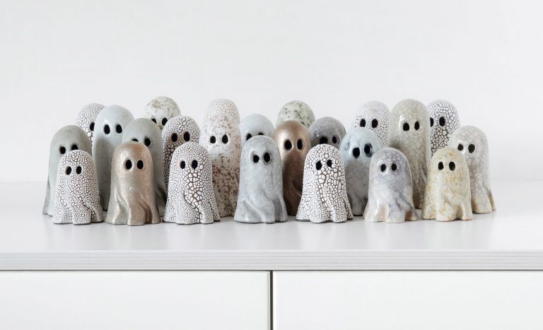 Crackled, Billowing Bedsheets Disguise Miniature Ghosts by Ceramicist Lisa Agnetun