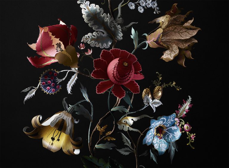 A Dramatic Bouquet of Paper Flowers Interprets an Ornate Pattern in Three-Dimensions