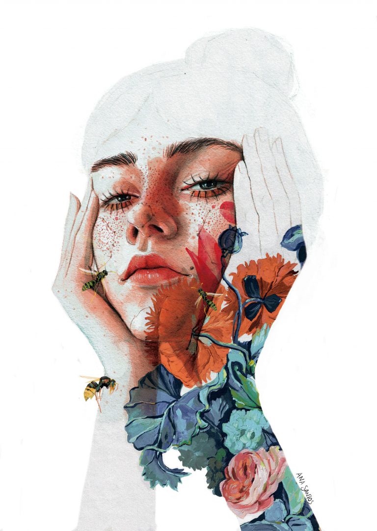 Expressive Portraits, Line Drawings, and Foliage Are Superimposed into Rich Illustrations by Ana Santos