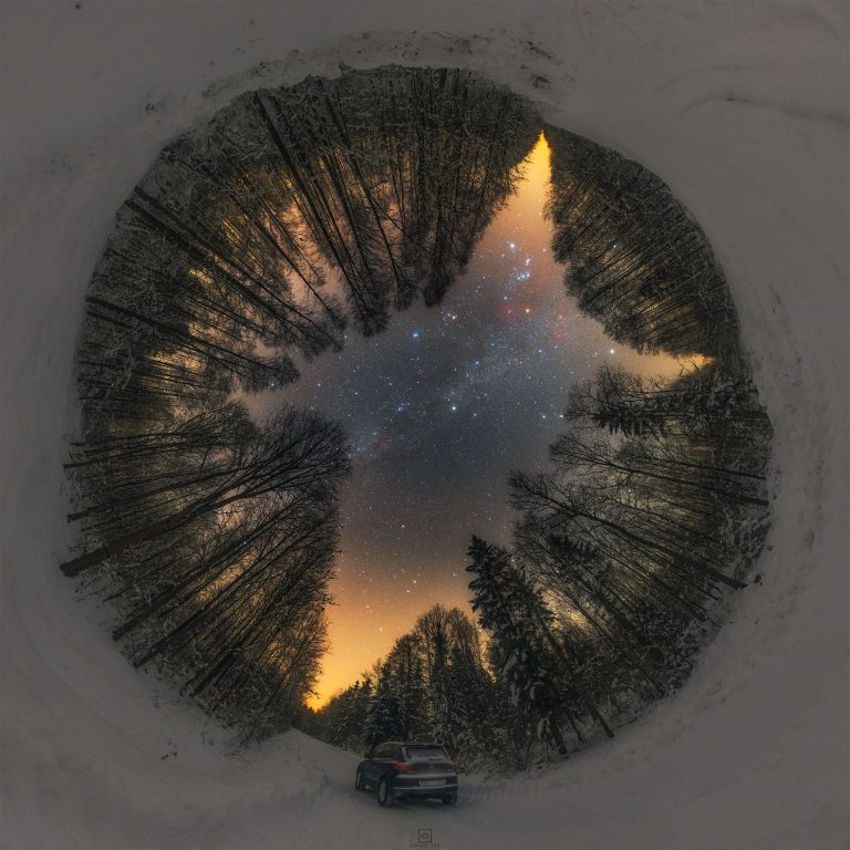 A Stellar Panorama Frames the Milky Way and Other Celestial Bodies Through a Snowy Forest in Poland