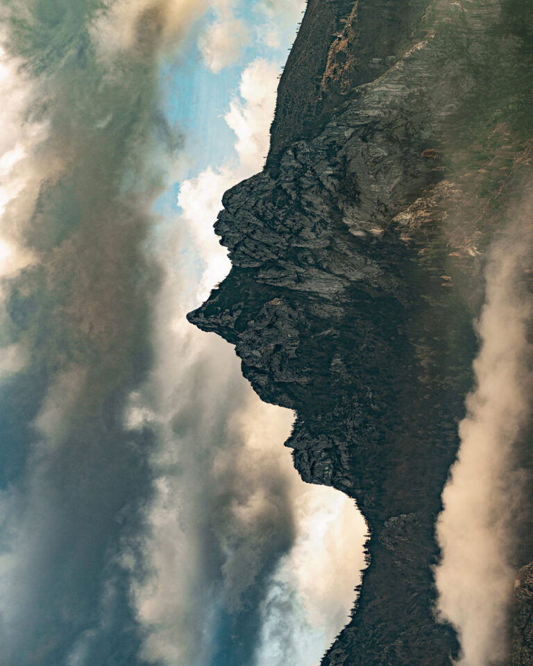 Illusory Photographs of Mountain Landscapes Are Flipped 90 Degrees to Reveal Human-Like Profiles