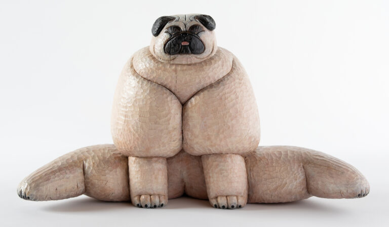 Nimble Pugs and Other Cheery Canines Are Chiseled into Stocky Wooden Sculptures by Misato Sano