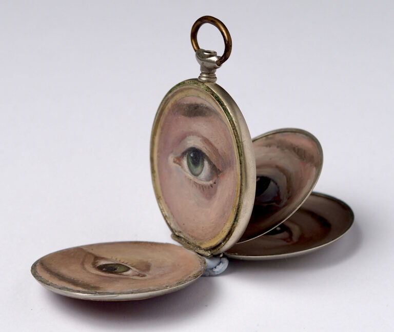 Single Eyes Gaze Out of Antique Cutlery, Tins, and Other Objects in Miniature Paintings by Robyn Rich