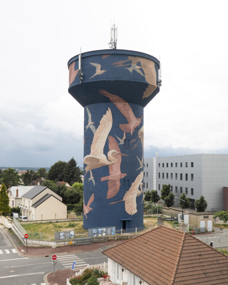 Flying Ospreys, Herons, and Terns Comprise a 35-Meter Water Tower Mural by Taquen