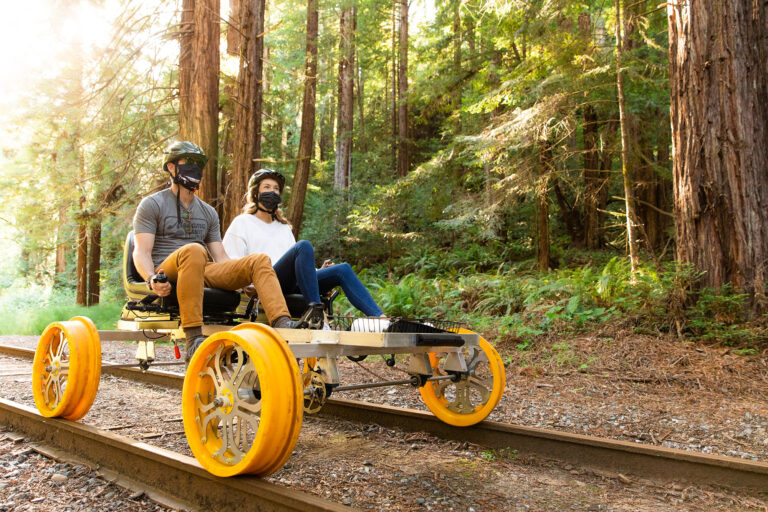 Upcycled Railbikes Travel through California’s Ancient Redwood Groves as Pedal-Powered Designs