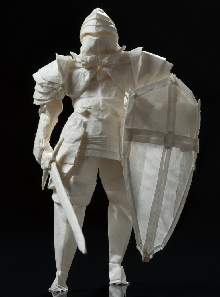 An Origami Knight Equipped with a Sword and Shield Materializes from a Single Sheet of Paper
