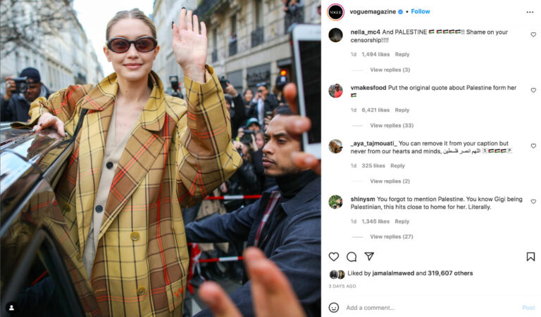 Vogue omits mention of Palestine in story about Gigi Hadid charity donation
