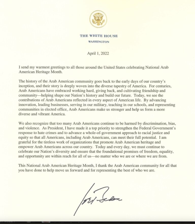 Biden sends ‘warmest greetings’ to Arabs in US at start of Arab American Heritage Month