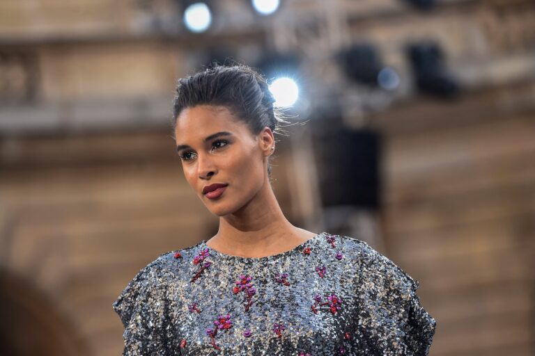 French model Cindy Bruna shows off footwear by Arab designer