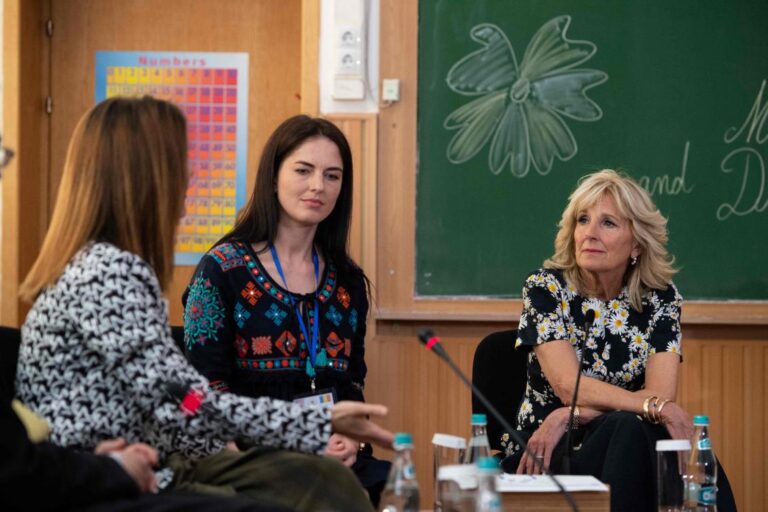 Jill Biden meets Ukrainian refugee mothers and teachers in Romania