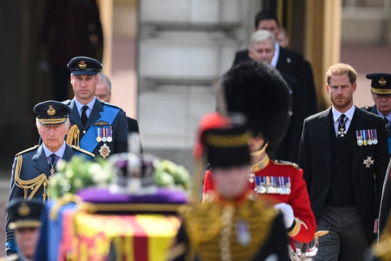 King Charles, William and Harry walk together behind queen’s coffin
